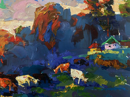 Vibrant impressionist oil painting by Oleksiy Ivanyuk: cows walking in field