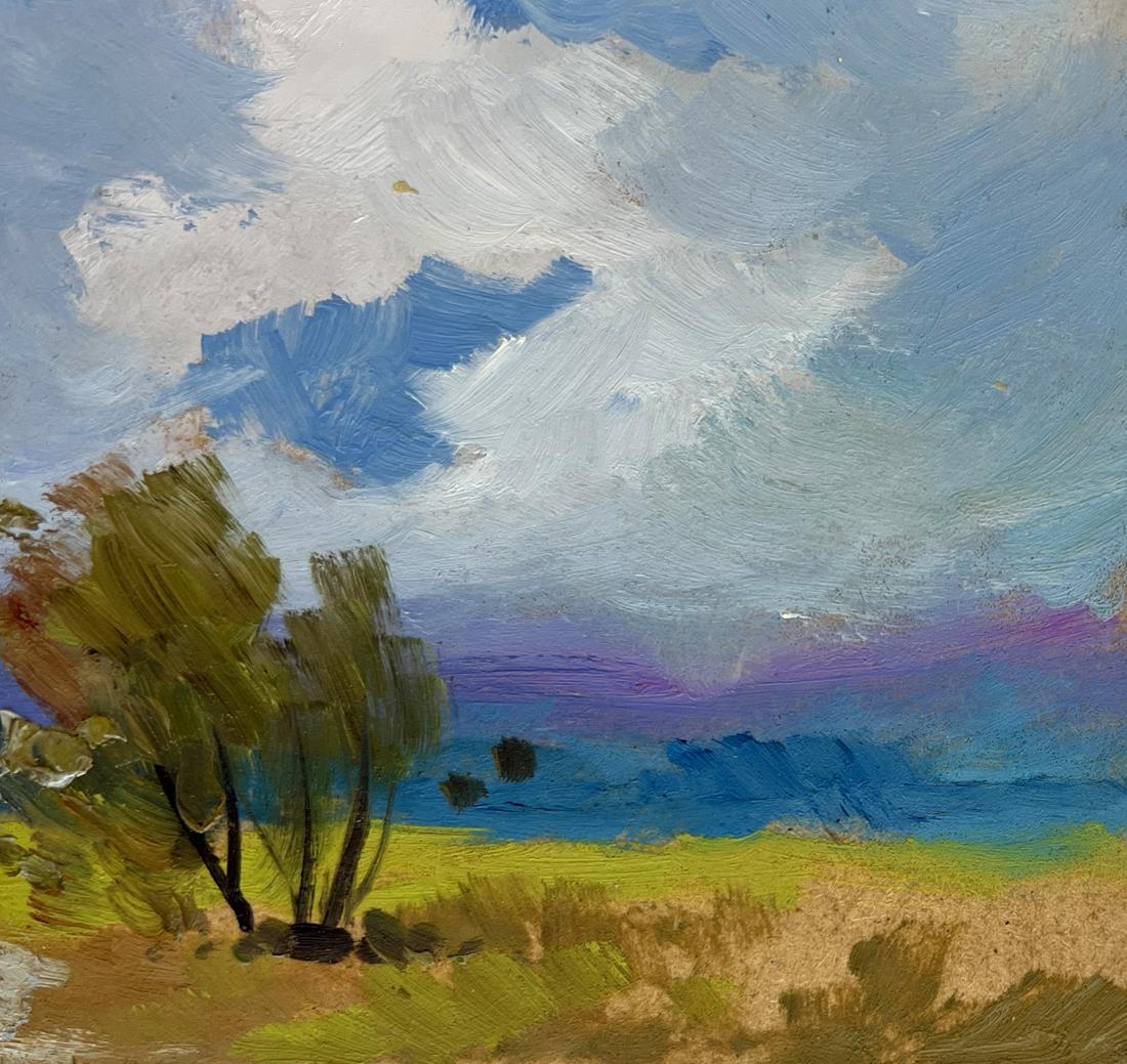 Oil painting of walking through summer field with green trees by Yuriy Suprunchuk