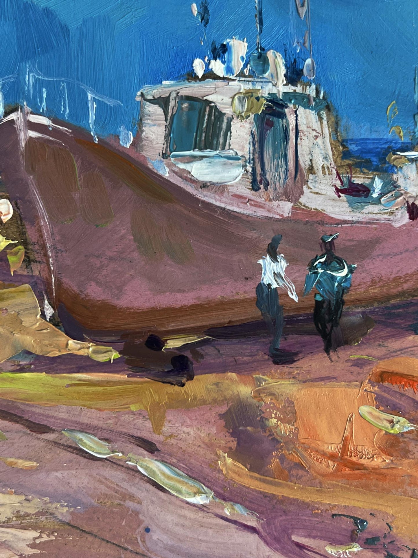 Oil painting of reddish-brown fishing boat to yacht club by Yuriy Suprunchuk