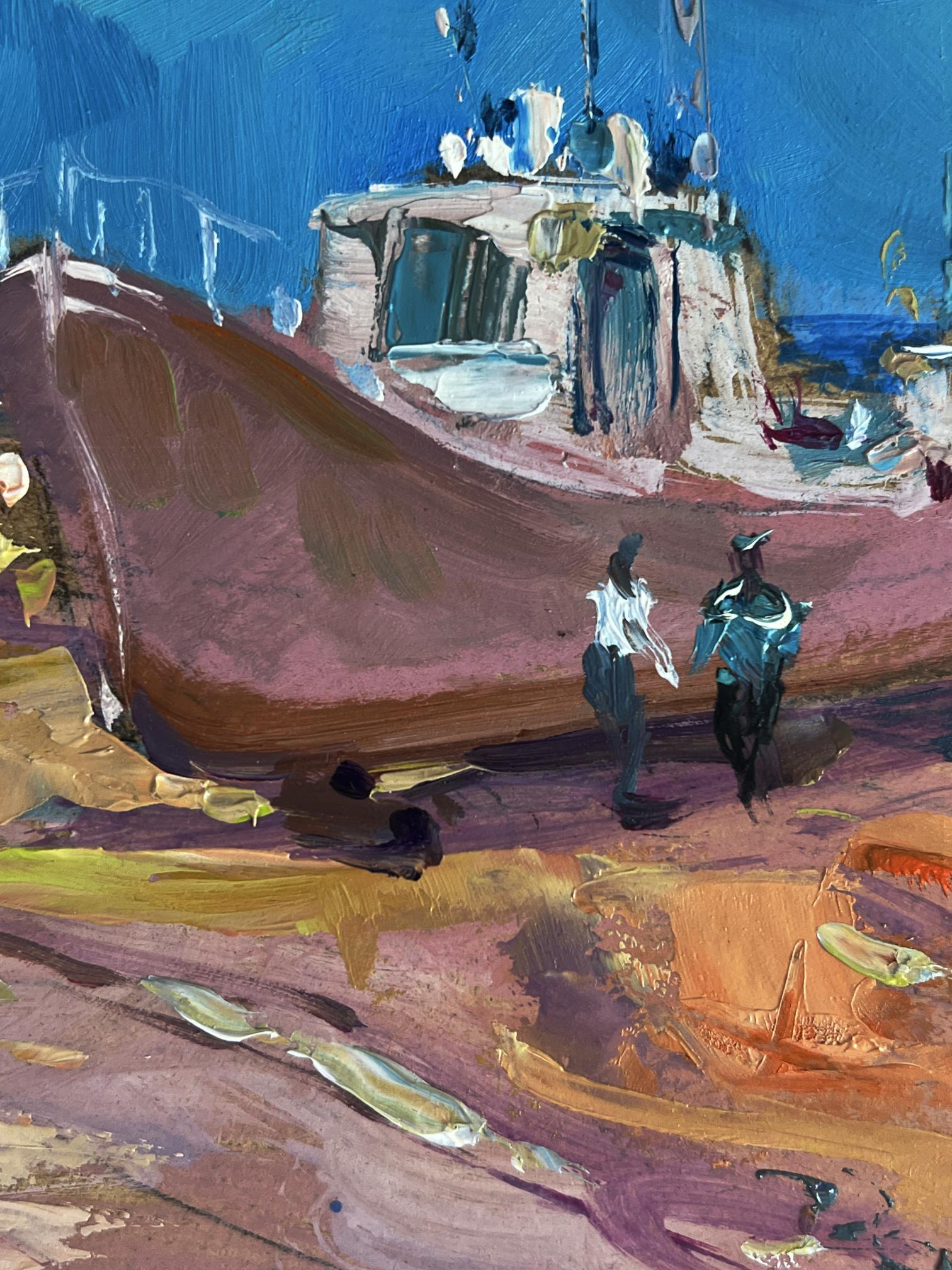 Oil painting of reddish-brown fishing boat to yacht club by Yuriy Suprunchuk