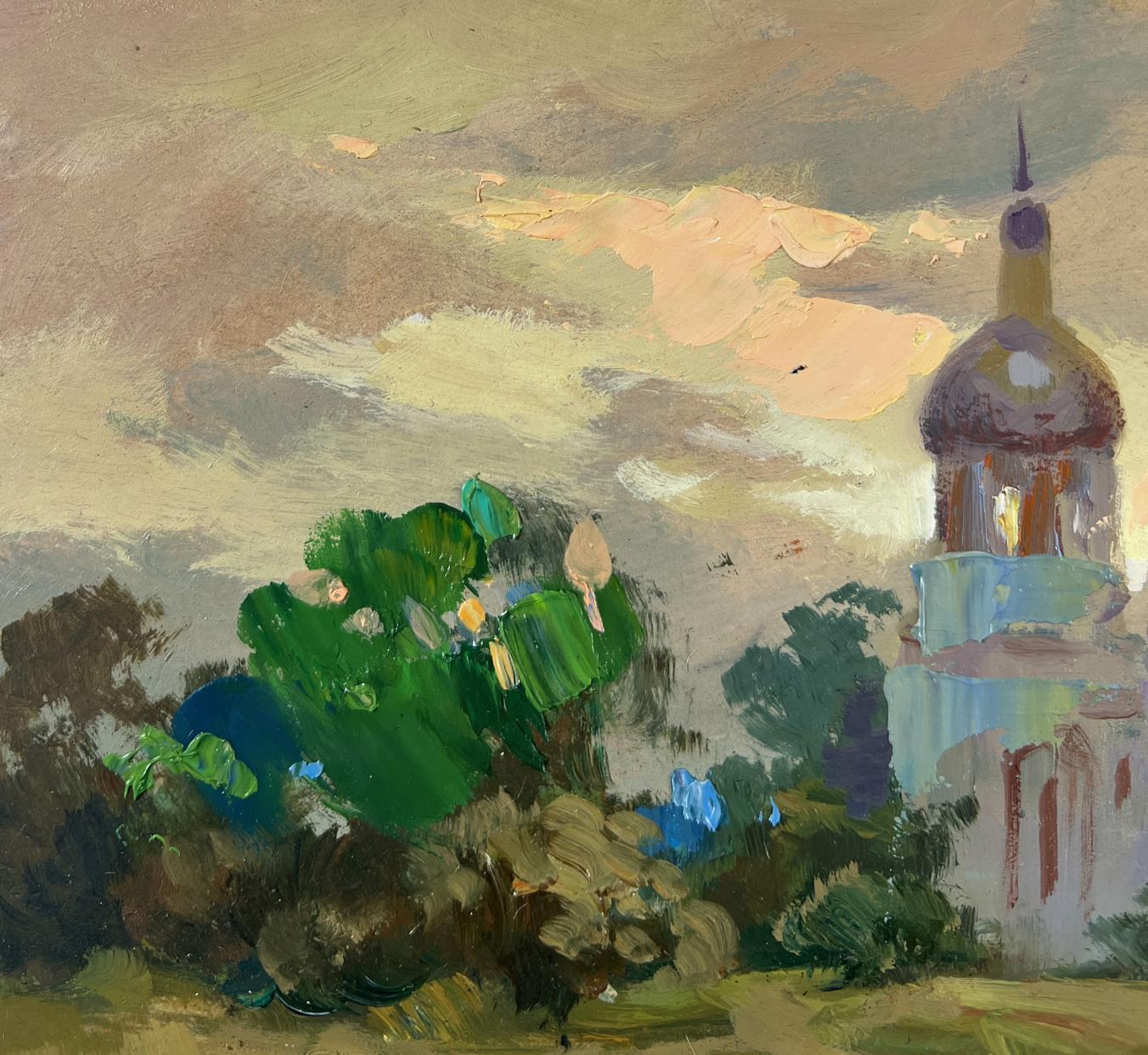 Oil painting of church over river by Yuriy Suprunchuk