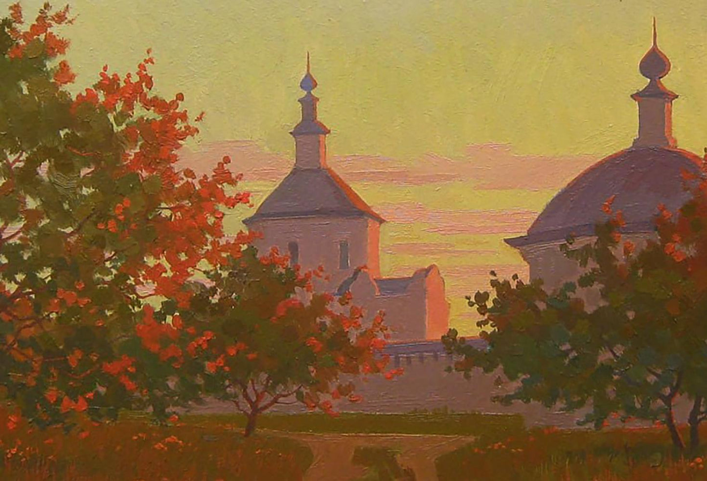 Oil painting of yellow sunset over church domes by Valery Savenets