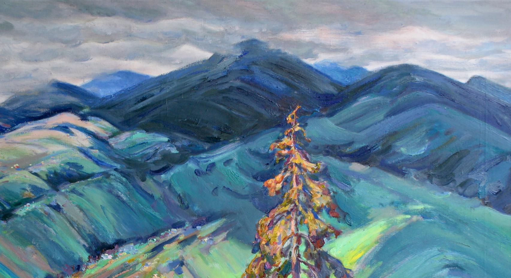 Oil painting Black Mountain by Leonid Pavlenko: tall autumn tree and mountains