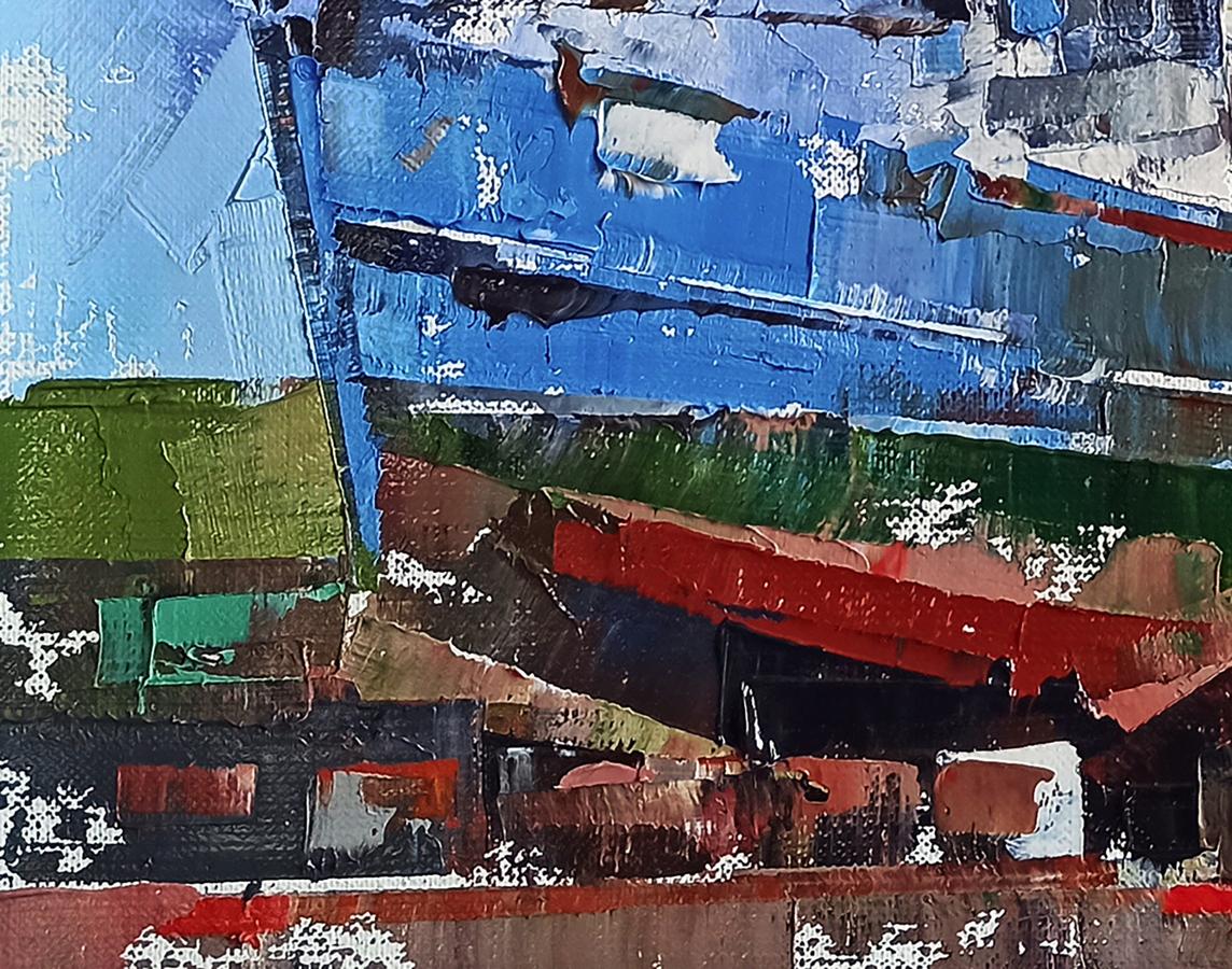 Oil painting of ship at sea by Volodymyr Gluhomanyuk, abstract blue green layers