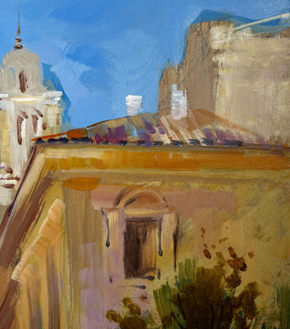 Oil painting of old city alley by Yuriy Suprunchuk, sunlit Mediterranean rooftop