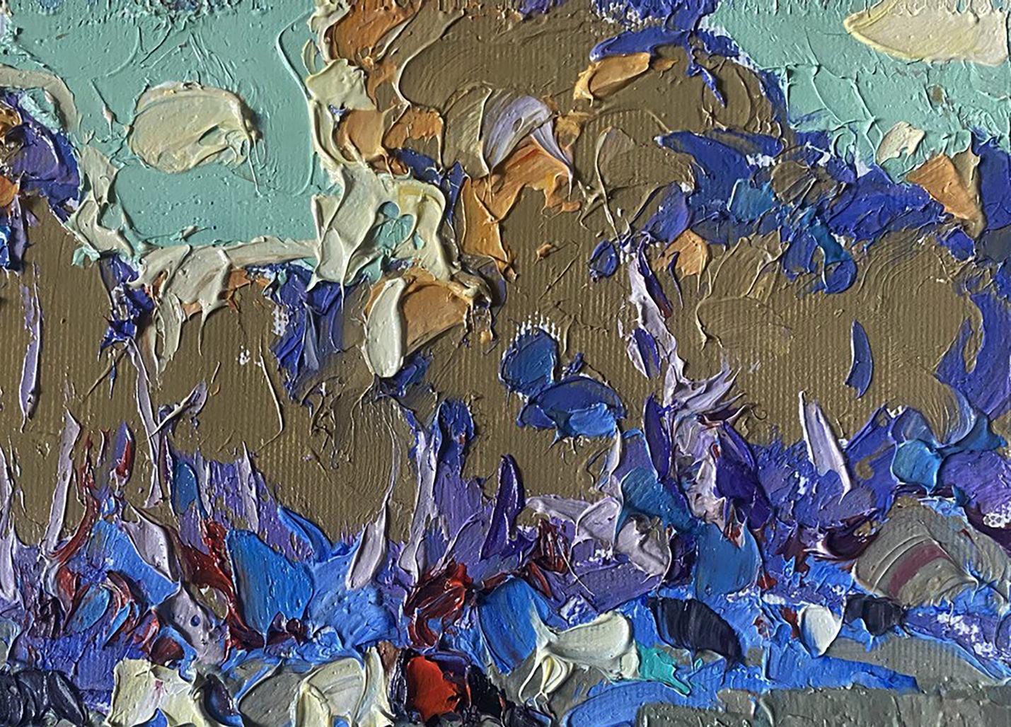 Oil painting They are grazing in the field by Oleksiy Ivanyuk, teal impasto abstract