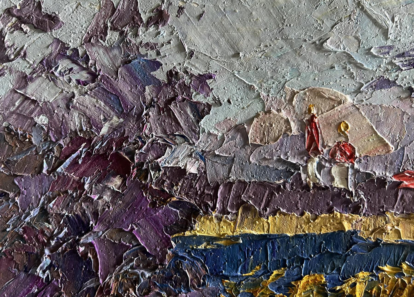 Textured impasto oil painting of river and golden field by Boris Serdyuk