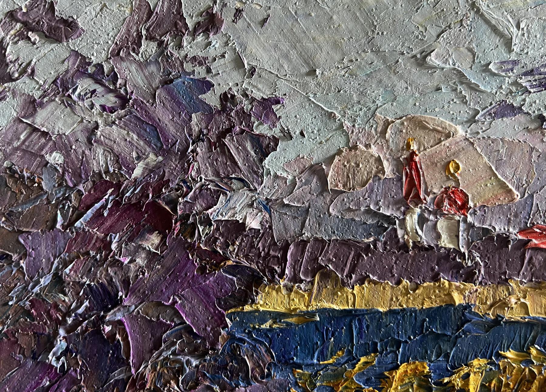 Textured impasto oil painting of river and golden field by Boris Serdyuk