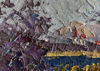 Textured impasto oil painting of river and golden field by Boris Serdyuk