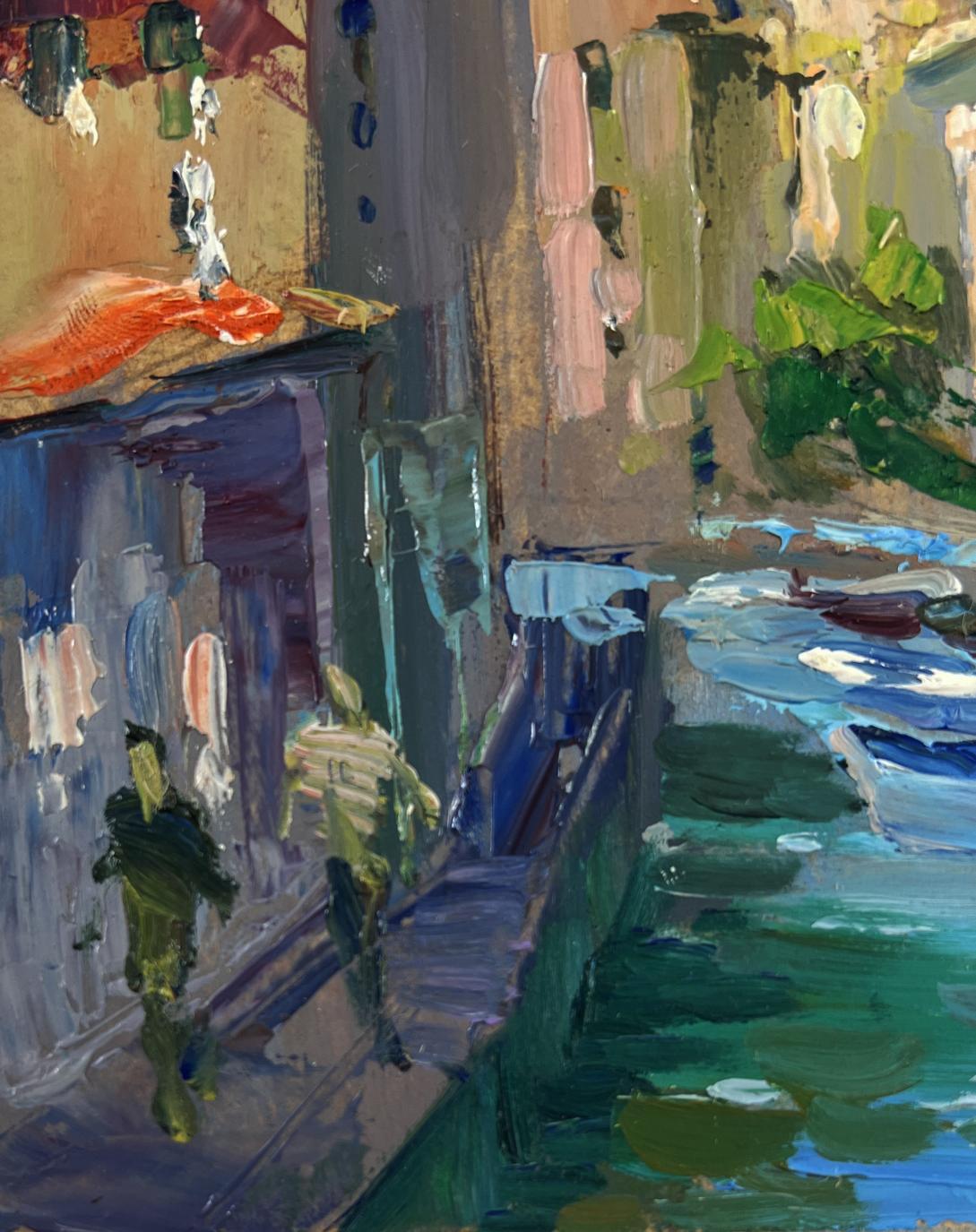 Vibrant impressionist oil painting of Yuriy Suprunchuk city street canal scene