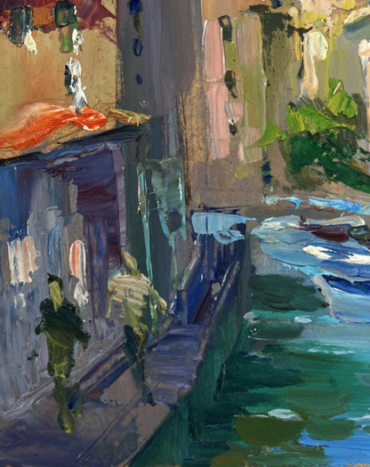 Vibrant impressionist oil painting of Yuriy Suprunchuk city street canal scene