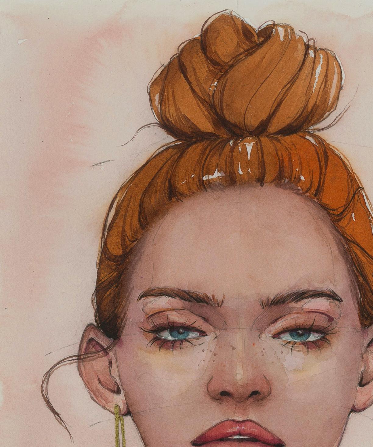 Watercolor painting Gaze girl by Victoria Kagalovska, orange top knot