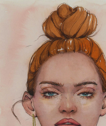 Watercolor painting Gaze girl by Victoria Kagalovska, orange top knot