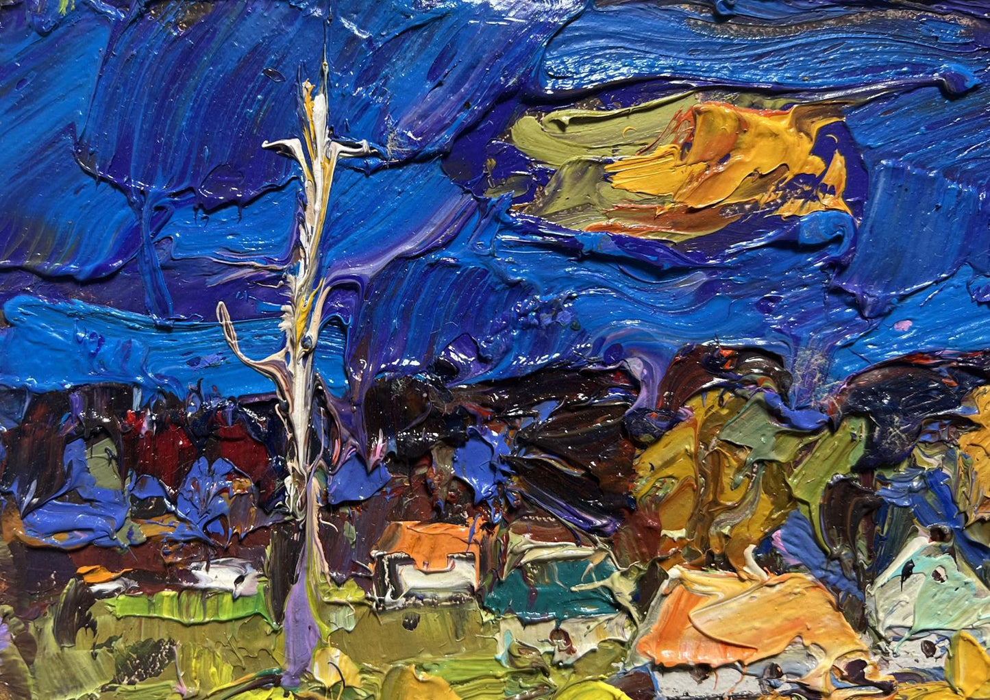 Oil painting Village Fields by Oleksiy Ivanyuk with white tree and swirling sky