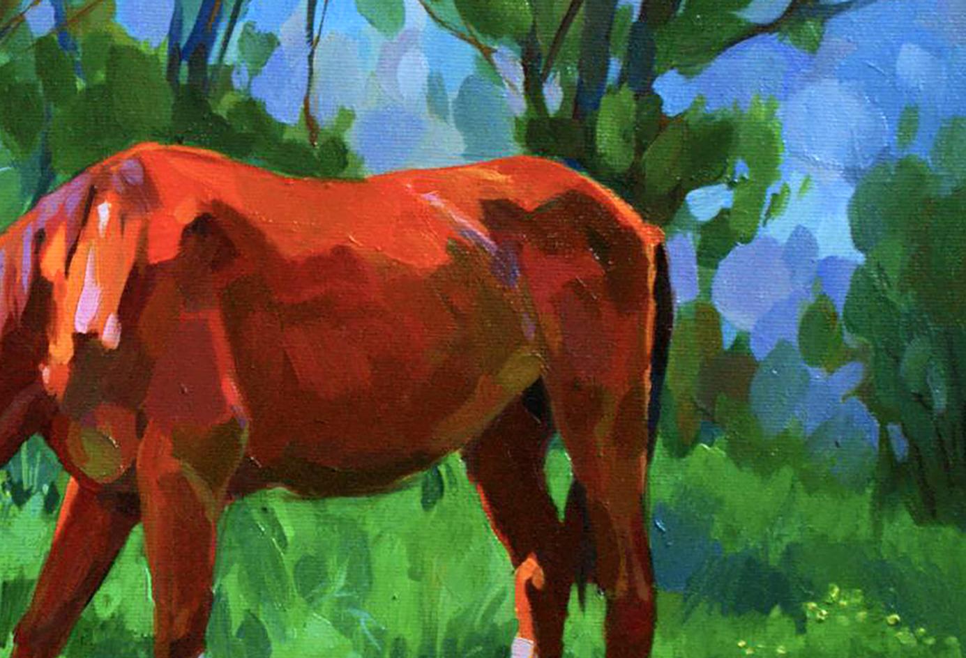 Oil painting Out to Pasture by Anastasia Yaroshevich: vibrant red horse in lush green foliage