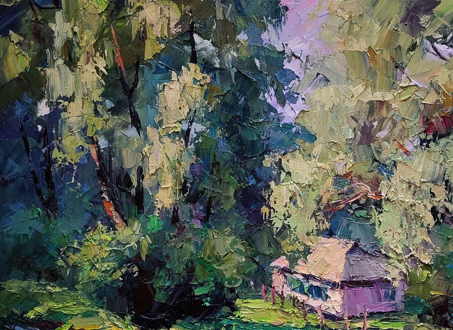 Oil painting of purple rustic cottage in greenery by Boris Serdyuk