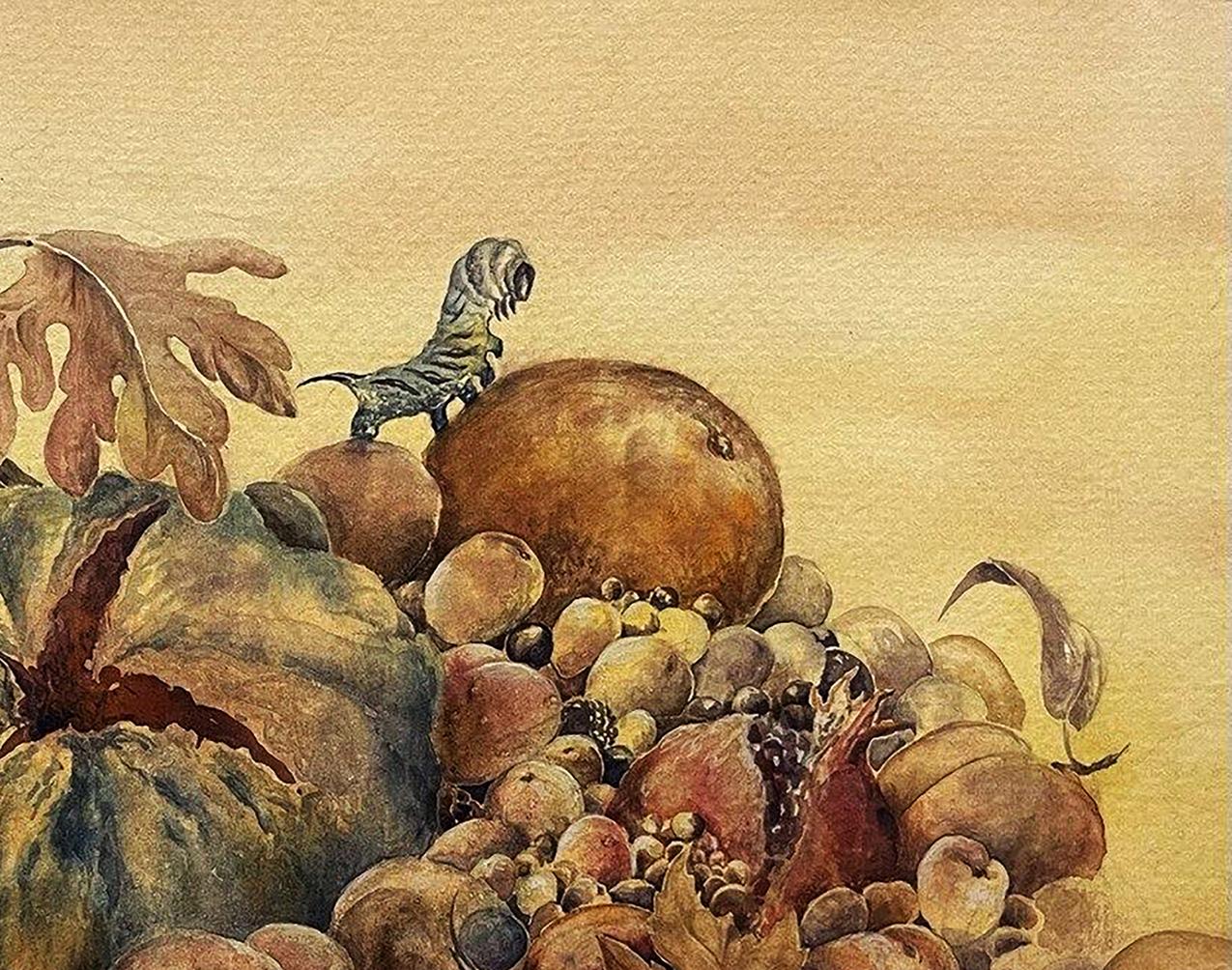 Watercolor still life with pests: green gray striped dinosaur on brown fruit in autumn produce by Dmytro Startsev