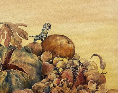 Watercolor still life with pests: green gray striped dinosaur on brown fruit in autumn produce by Dmytro Startsev