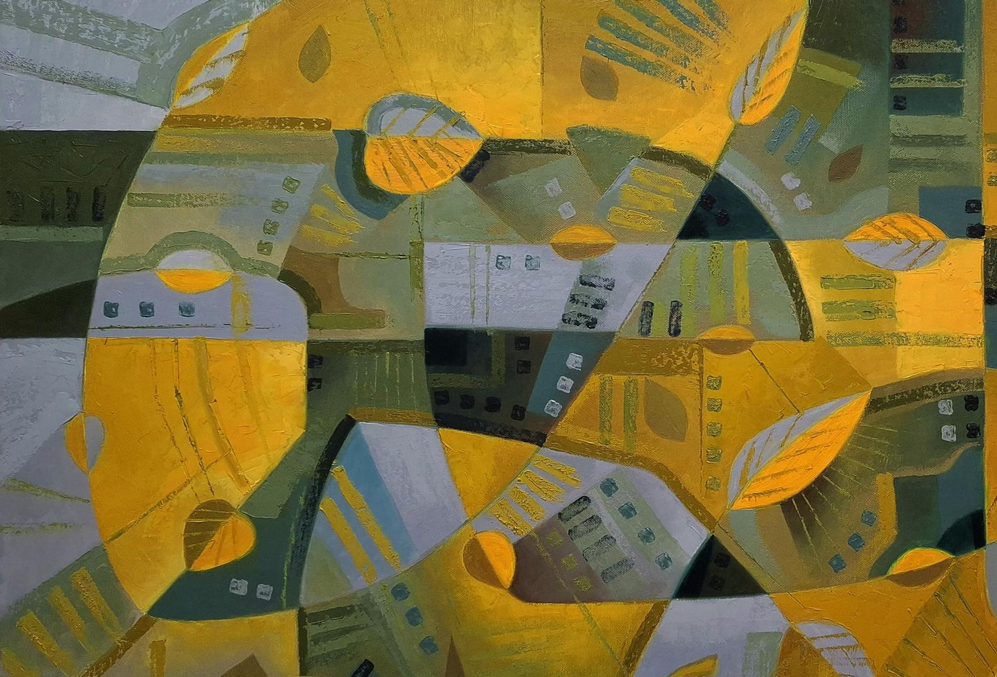 Oil painting October wind by Sergiy Voichenko with yellow green gray geometric shapes