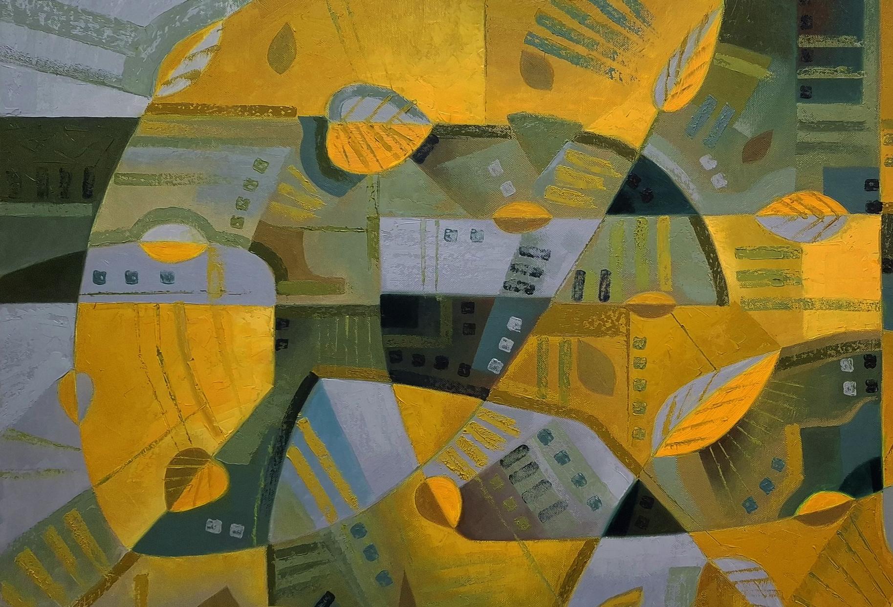 Oil painting October wind by Sergiy Voichenko with yellow green gray geometric shapes