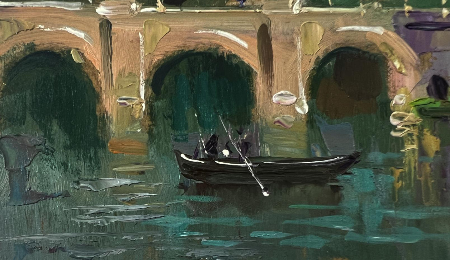 Oil painting of dark rowboat gliding under aged stone bridge by Yuriy Suprunchuk