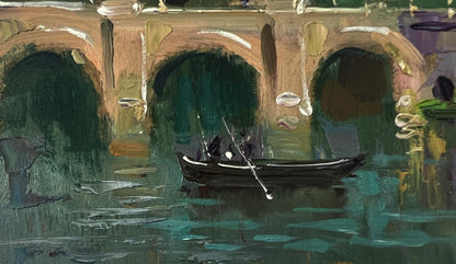 Oil painting of dark rowboat gliding under aged stone bridge by Yuriy Suprunchuk