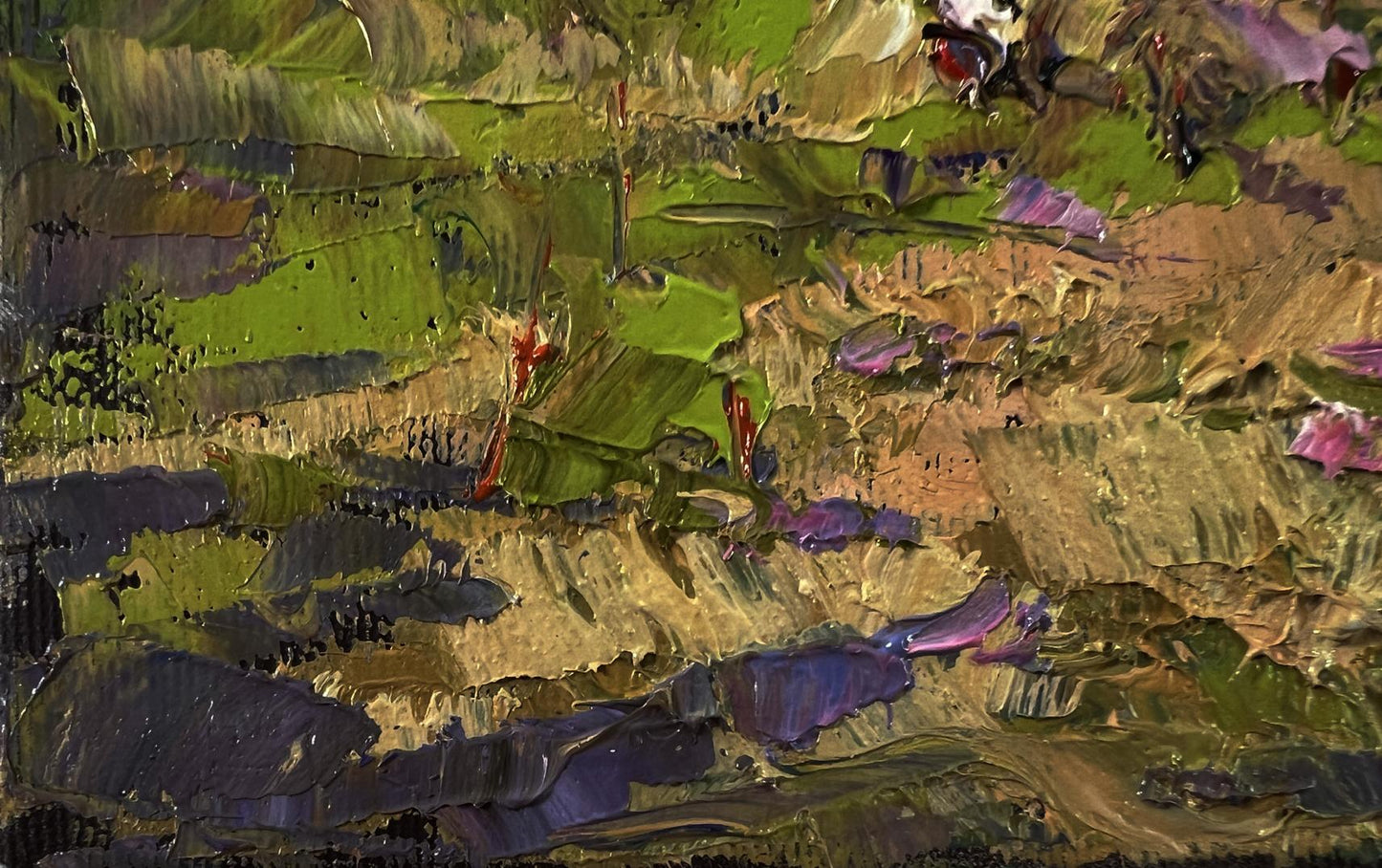 Oil painting Outside the Village by Oksana Ivanyuk, textured green purple abstract