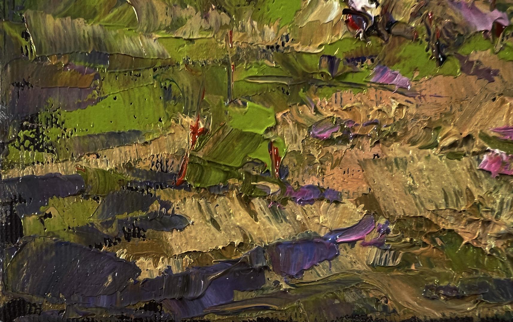 Oil painting Outside the Village by Oksana Ivanyuk, textured green purple abstract