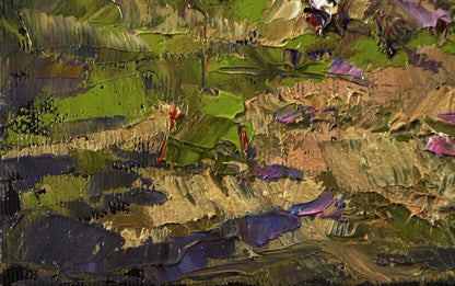 Oil painting Outside the Village by Oksana Ivanyuk, textured green purple abstract