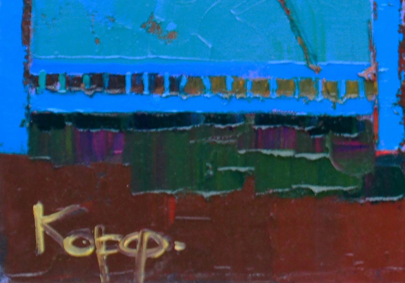 Oil painting Blue village gates by Natalia Korf-Ivaniuk, abstract blue green brown strokes