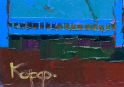 Oil painting Blue village gates by Natalia Korf-Ivaniuk, abstract blue green brown strokes