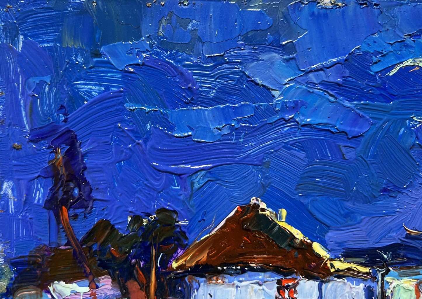 Oil painting Moonlit night by Oksana Ivanyuk: vibrant blue textured canvas with bold impasto strokes and warm-toned roof silhouette