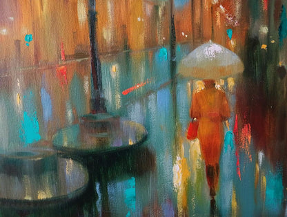 Abstract oil painting of person in orange coat with umbrella on rainy street by Anatoly Tarabanov