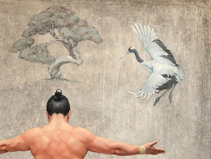 Muscular man with topknot arms outstretched to crane bird oil painting mural by Oleg Kateryniuk