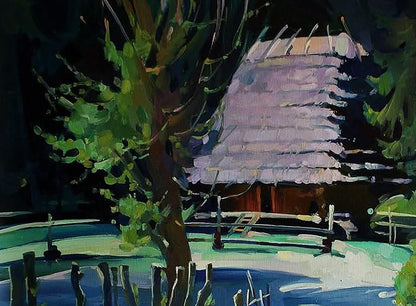 Oil painting of rustic thatched cottage in village by Anastasia Yaroshevich