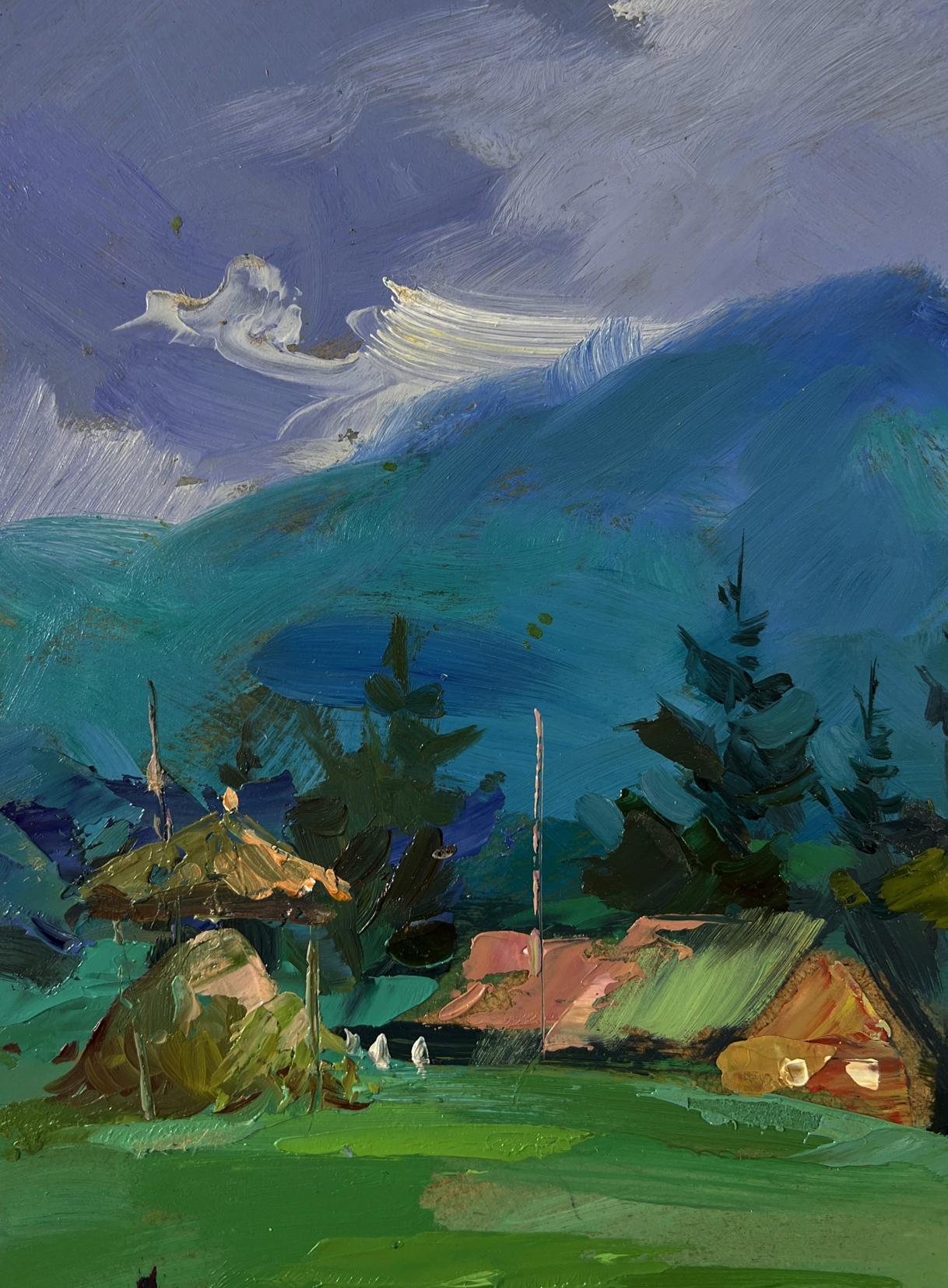 Vibrant impressionist oil painting of Yuriy Suprunchuks mountain village