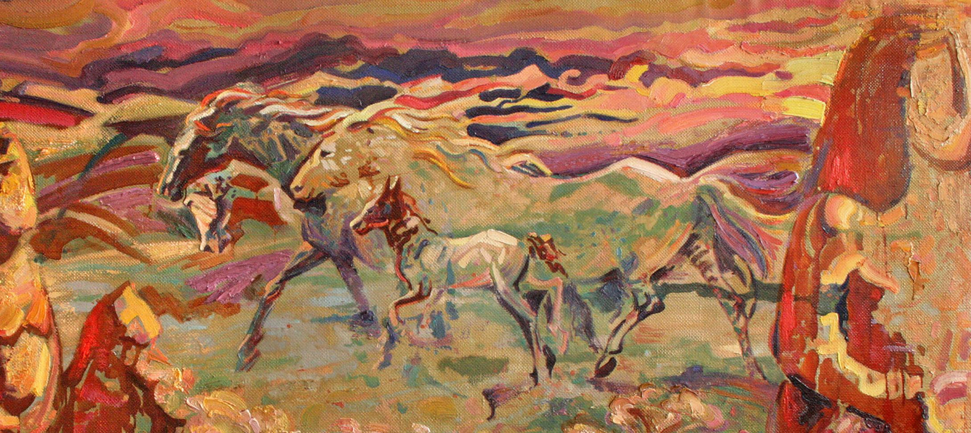 Vibrant oil painting In the Steppe by Leonid Pavlenko: herd of horses in motion