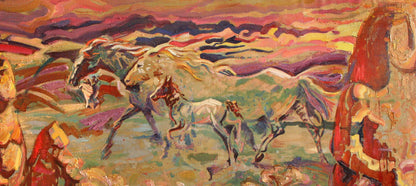 Vibrant oil painting In the Steppe by Leonid Pavlenko: herd of horses in motion