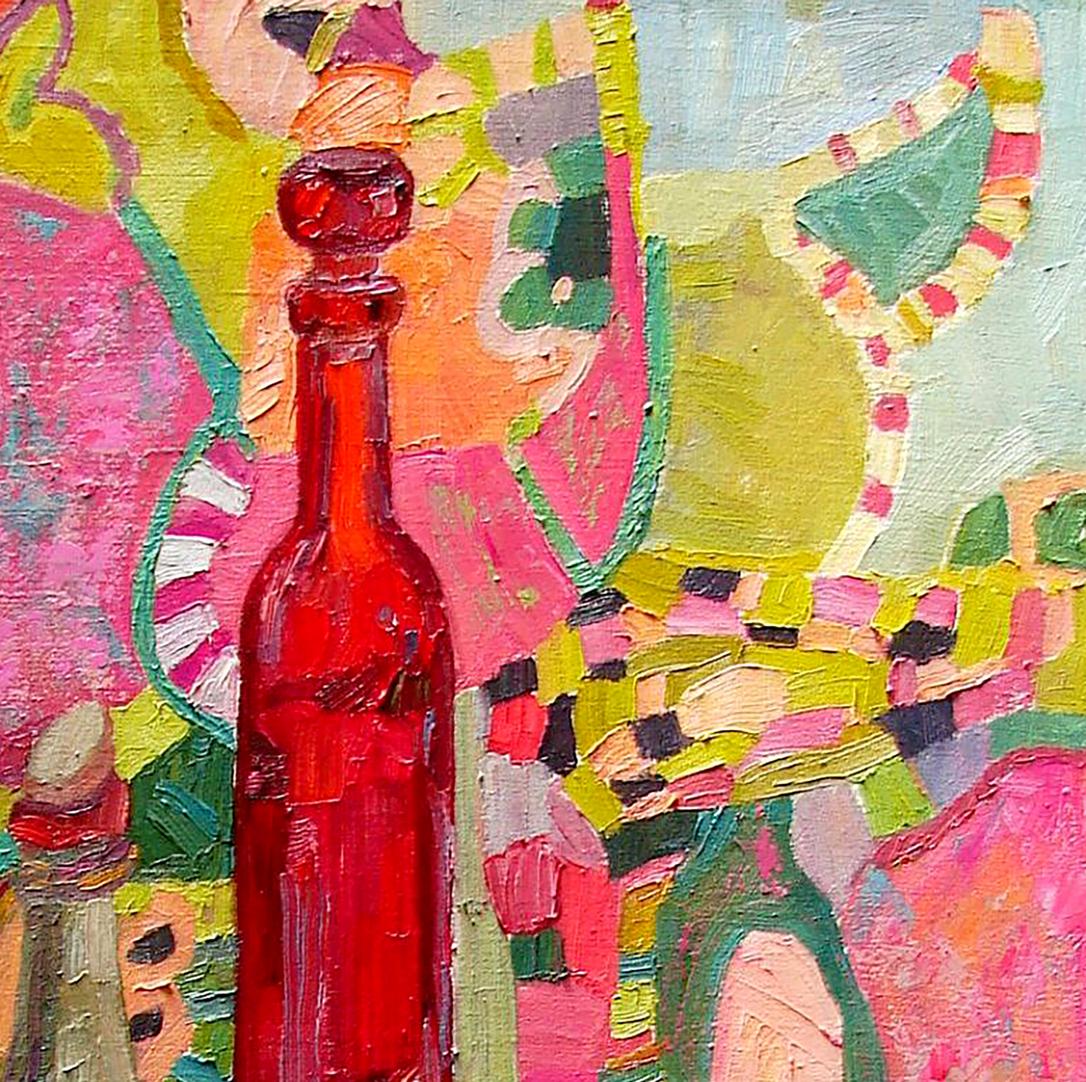 Oil painting still life with vibrant red glass bottle by Tatyana Shulyak