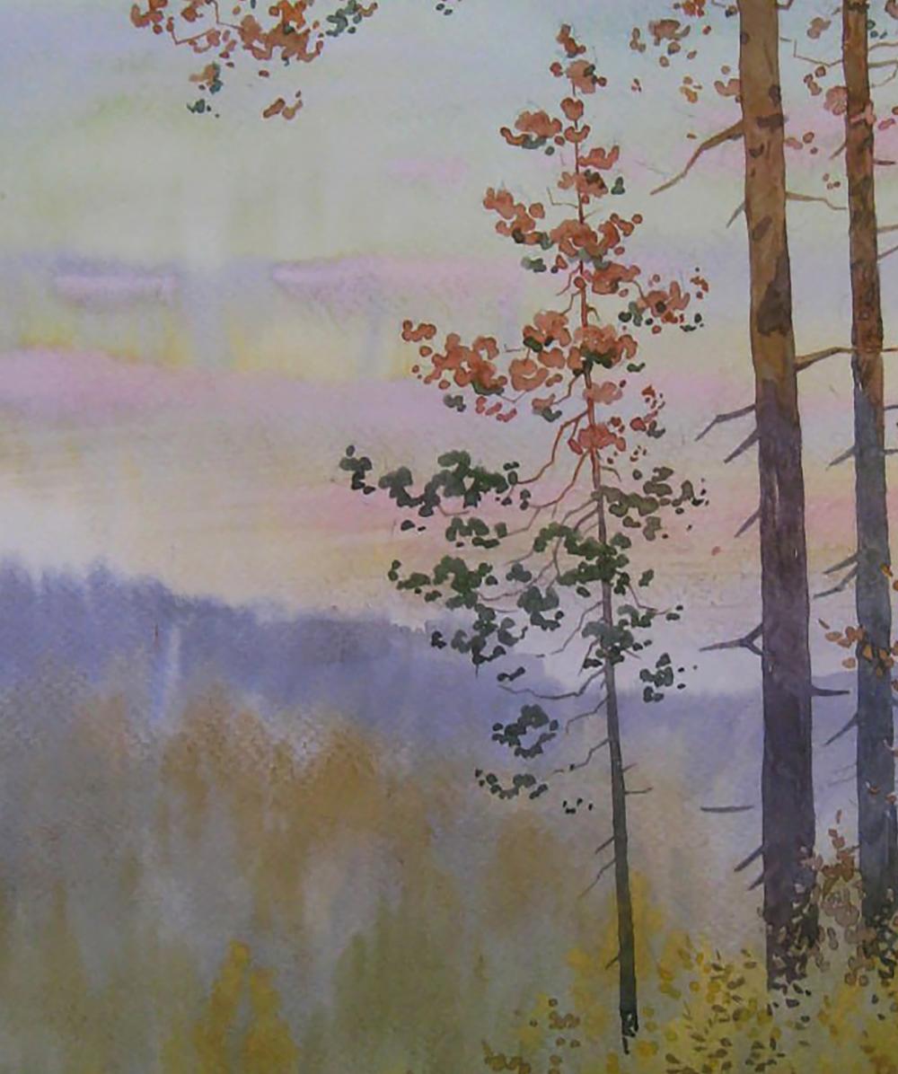 Watercolor painting Evening forest by Valery Savenets, tall pines