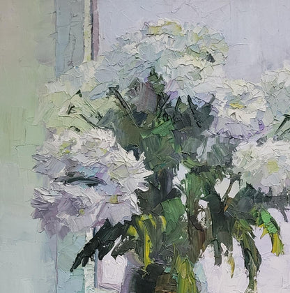 Textured oil painting of white lavender flowers by Boris Serdyuk