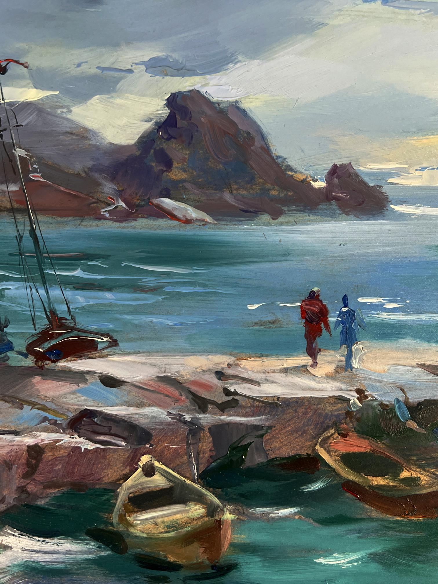 Oil painting Bridge to the Sea by Yuriy Suprunchuk: rocky coastal shoreline with boats