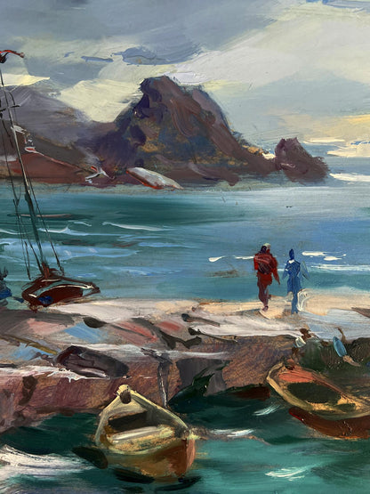 Oil painting Bridge to the Sea by Yuriy Suprunchuk: rocky coastal shoreline with boats