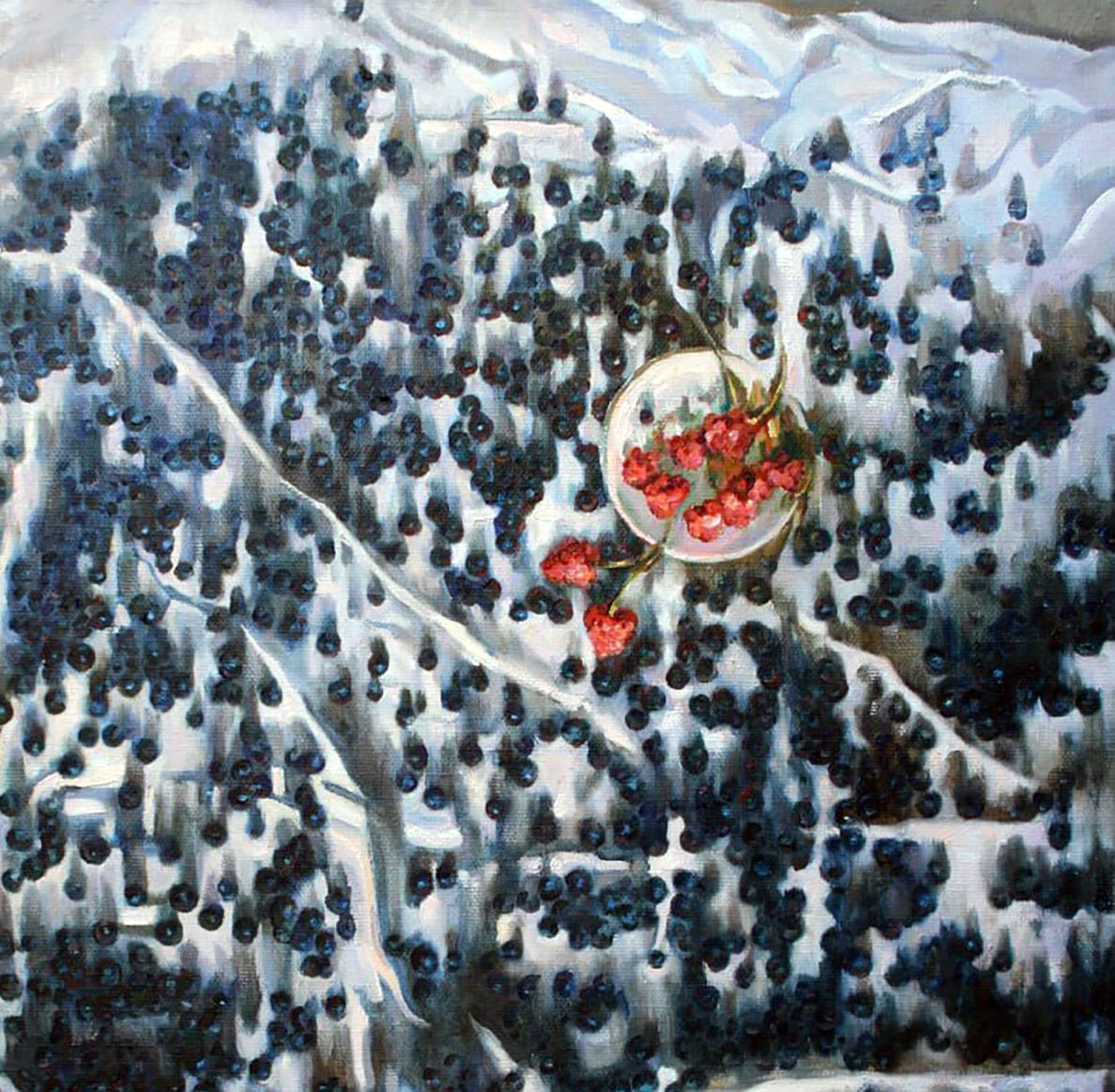Oil painting by Leonid Pavlenko: white bowl with gold rim, red berries on snow