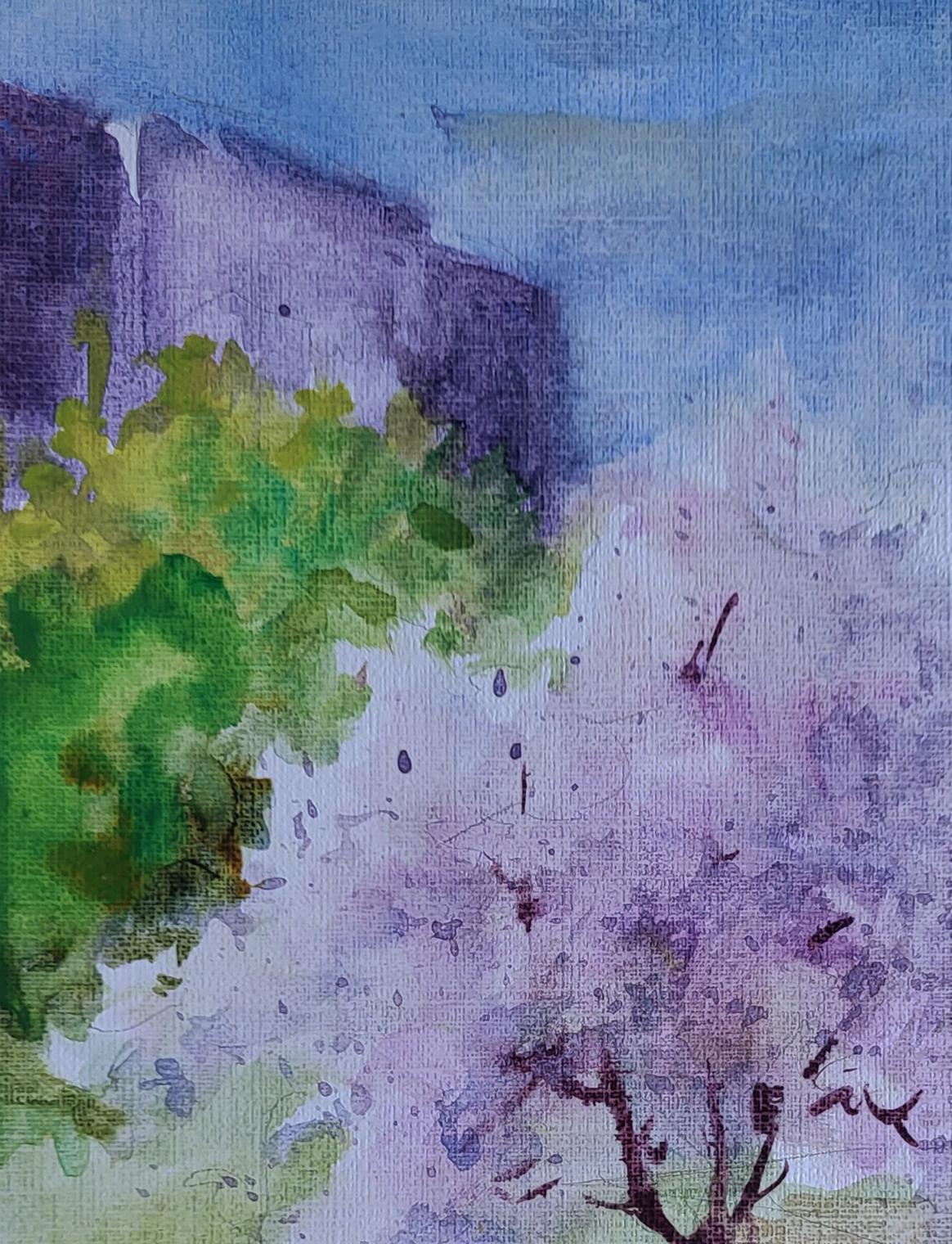Watercolor painting Gentle April by Boris Serdyuk with green foliage and purple blossoms