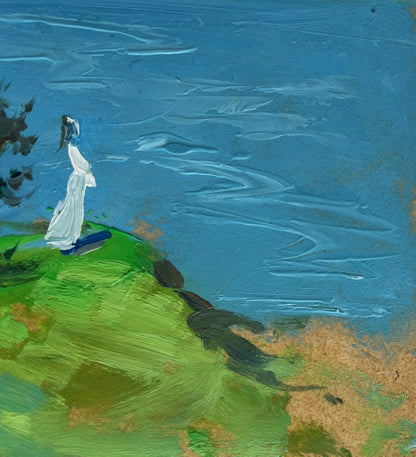 Oil painting Fresh summer wind by Yuriy Suprunchuk: white gown on green hillside
