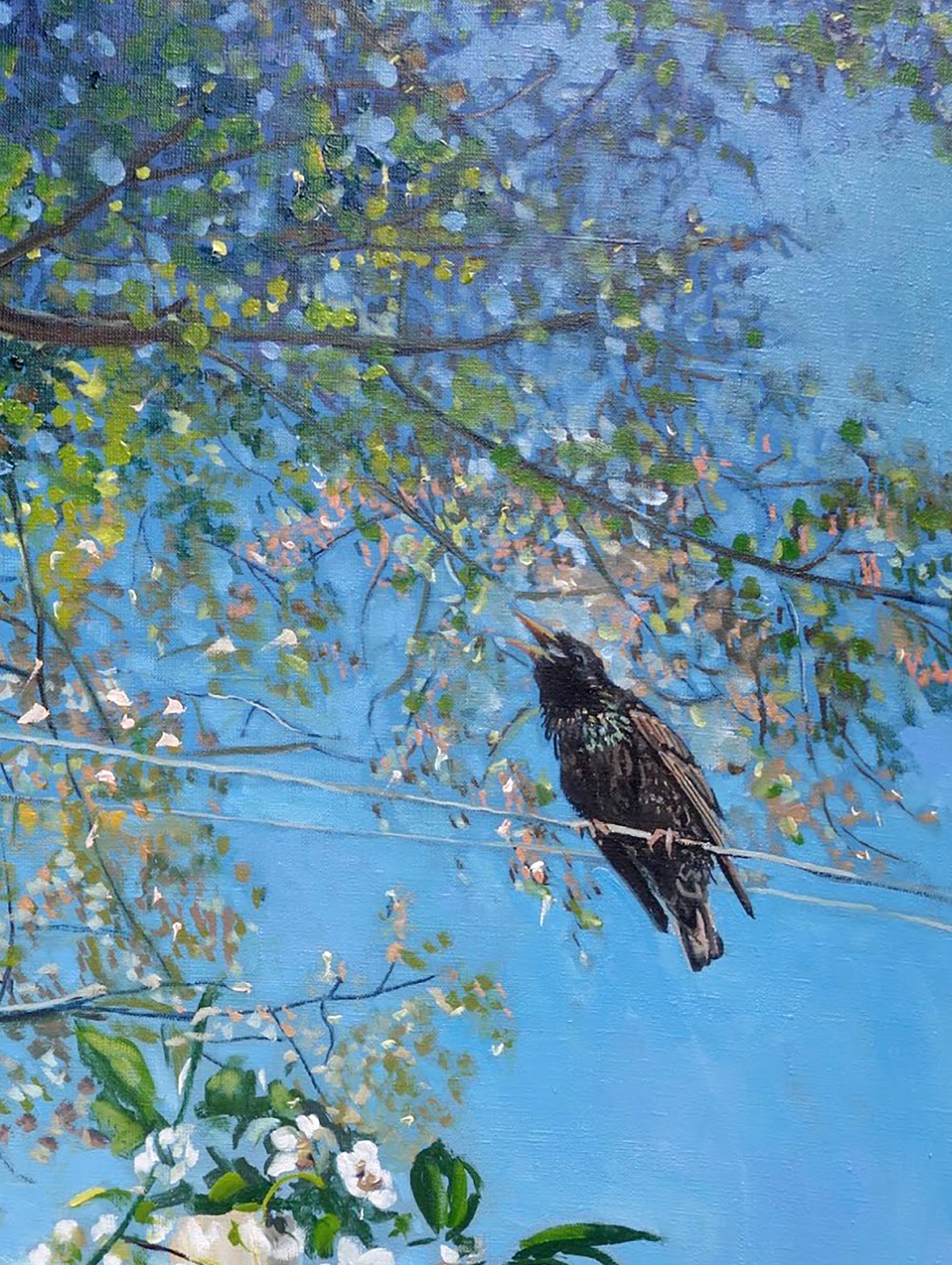 Oil painting of dark speckled starling on wire by Varvarov Anatoly Viktorovich