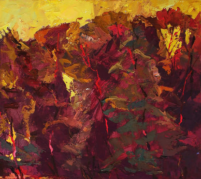Oil painting Autumn Evening by Egor Shvachunov with vibrant yellow red maroon strokes