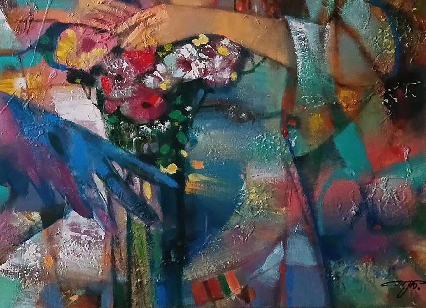 Abstract oil painting of girl and vibrant flower bouquet by Anatoly Tarabanov