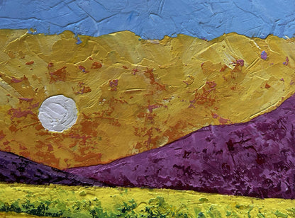 Oil painting Watching the Sunset by V. Zadorozhnya with white sun over golden purple hills